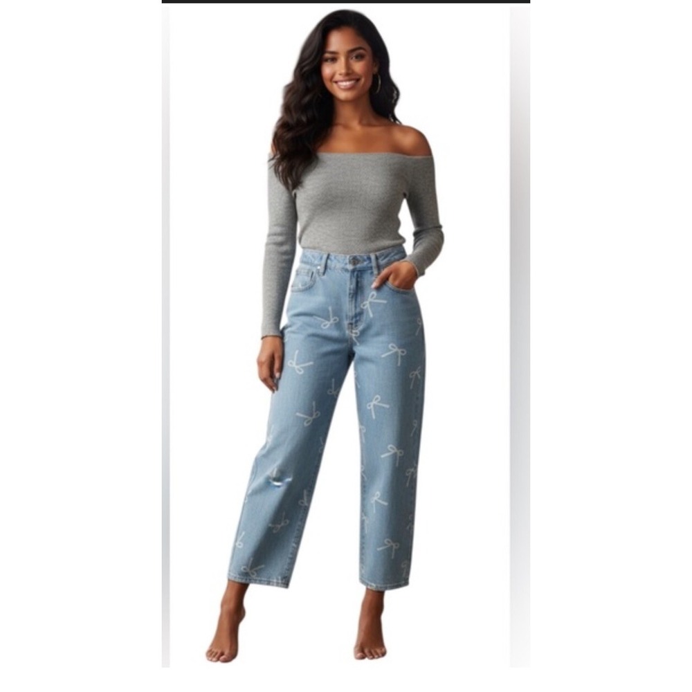 Flying Angel Women's Denim Bows Jeans Size 3/26 Wide Leg High Rise Cute Casual